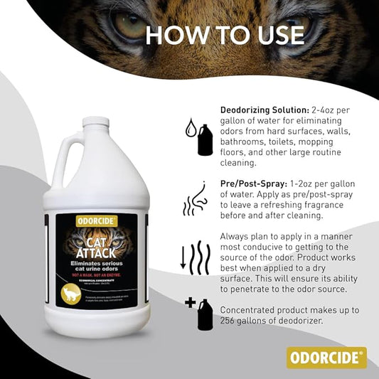 Odorcide Cat Attack Concentrate Odor Eliminator - Cat Odor Eliminator for Strong Odor - Cat Urine Odor Eliminator for Carpet & Upholstery - Cat Urine Remover for Home - Litter Box Odor Eliminator - 128 oz