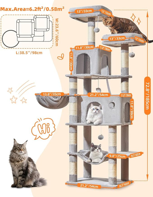 Taoqimiao Large Cat Tree,73-Inch Cat Tree Tower with 9 Scratching Posts for Indoor Cats, 2 Large Cat Condo with Hammock, Hanging Basket, 2 Extended Platform, Light Gray MS013XLW