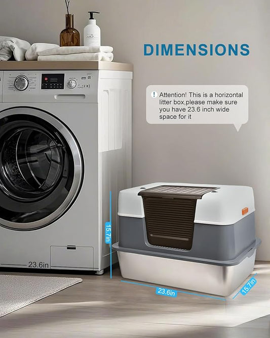 Stainless Steel Cat Litter Box Enclosed with Lid,Covered Metal Kitty Litter Box with Litter Mat and Odor Reduction Pack(2kg), Metal Scoop,Switchable Design, Easy Clean,Odor-Control, Leak-Proof