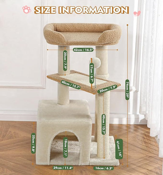 Made4Pets Cat Tree, Carpet Cat Tower Grey for Indoors Cats, Cute Wood Kitty Condo with Scratching Post and Pad, 29" Multi-Level Modern Activity Climbing Furniture for Small and Medium Cats