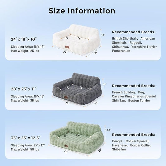 Small Dog Sofa - Orthopedic Cat Sofa Bed for Indoor Cats, Fluffy Faux Fur Dog Couch with Supportive Egg Foam, Cute Pet Couch Bed Removable Washable Cover and Non-Slip Bottom, Ivory White
