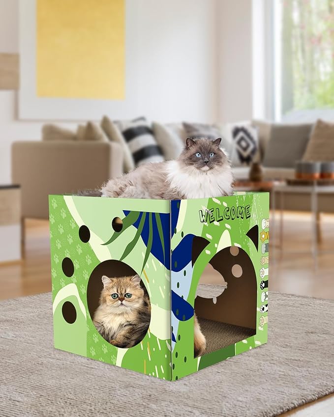 Bissap Cat Cardboard House, Large Thickened Play House with 2 Story Scratch Pads Bed Scratching Lounge for Indoor Cats Kittens Breathable Cube Shelter Corrugated Scratcher Box Toy