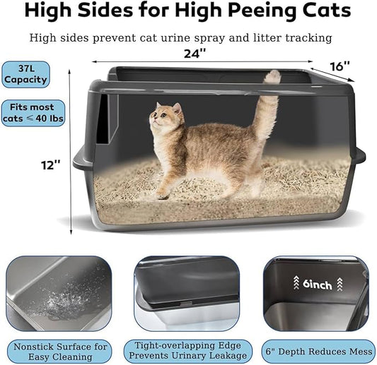 Stainless Steel Litter Box with Lid, 24" XL Extra Large High-Sided Metal Cat Litter Box for Multiple Cats,Anti-Leakage & Non-Stick, Easy to Clean, Includes 2 Scoops&Deodorizer Box, Black
