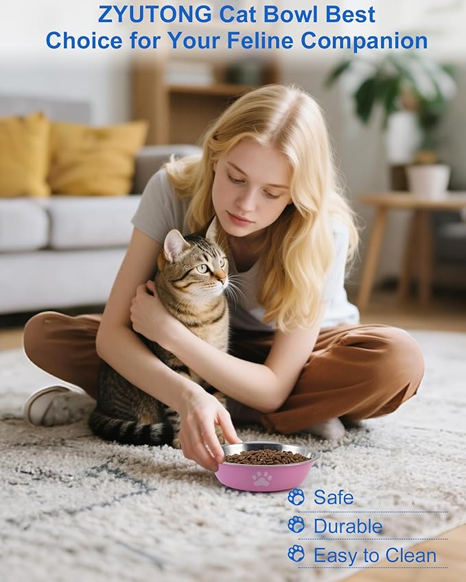 6 PCS Stainless Steel Cat Bowls, Non-Slip Stainless Cats Food Bowl Metal Cat Dishes Whisker Fatigue Kitten Plates Shallow Wide Kitten Bowls, 5.5” Whisker Friendly Food Dish