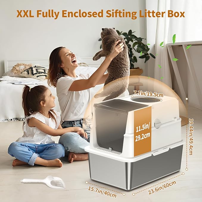 Stainless Steel Sifting Litter Box, Fully Enclosed Sifting Cat Litter Box with Lid, 23.6"L x 15.7"W x 19.44"H Multi-Purpose Stainless Steel Litter Box Enclosure, Anti-Leakage, Easy Clean for Big Cats