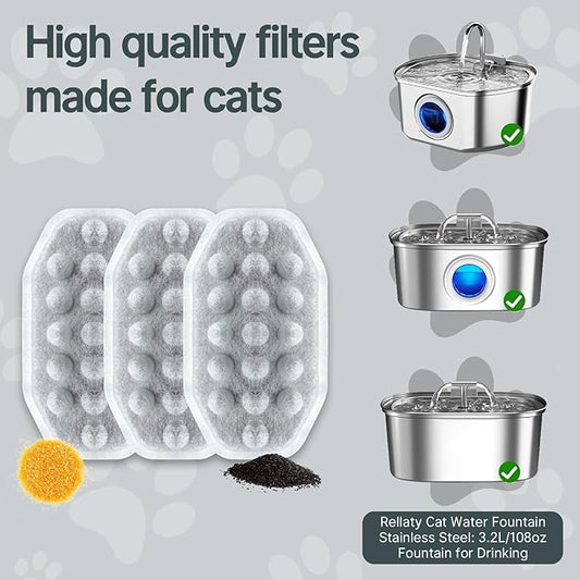 24 Pcs Cat Water Fountain Filters,12 Pack Cat Water Fountain Replacement Filters & 12 Pack Pre-Filter Sponges,Fountain Filter Replacement for Rellaty and Neareal 108oz/3.2L Pet Stainless Fountain