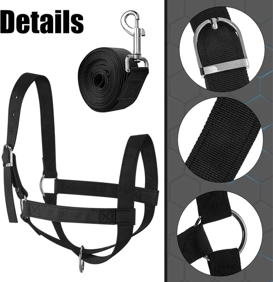 Hillban Cow Halter Cattle Halters Adjustable Calf Halter with Leading Rope for Miniature Horse Donkey Goat Foal Nylon Cattle Training Supplies