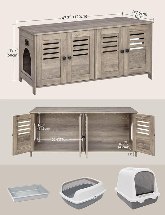 DINZI LVJ Litter Box Enclosure for 2 Cats, Hidden Litter Box Furniture with Double Rooms, Dual Cat Litter House, Front Doors, 47.2" Wooden Hidden Cat Washroom, Side End Table, TV Stand, Greige