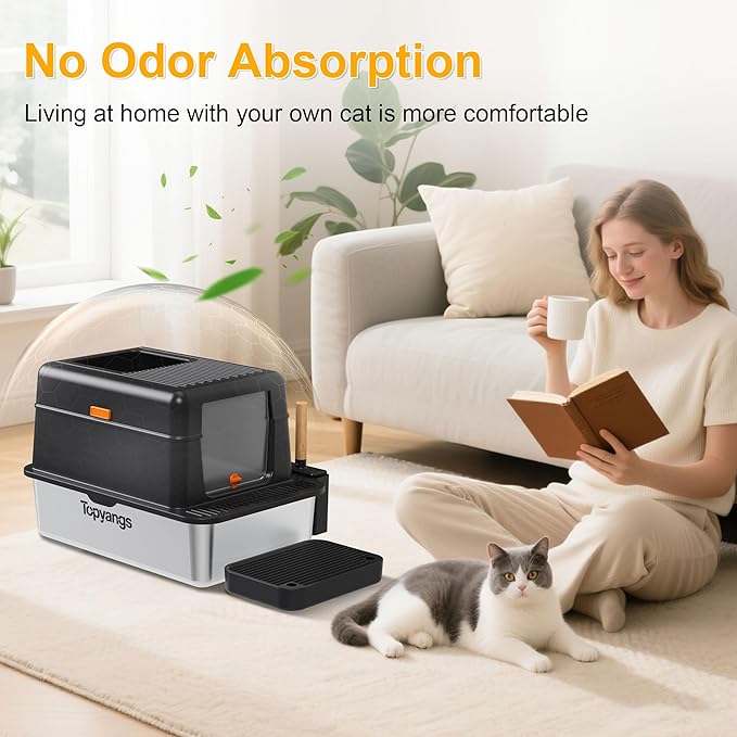 Enclosed Stainless Steel Litter Box with Lid, 20L Metal Enclosed Litter Box for Big Cat, Flip-Top Design with Anti-Leakage High Sides, Cat Lovers Gifts(Black)