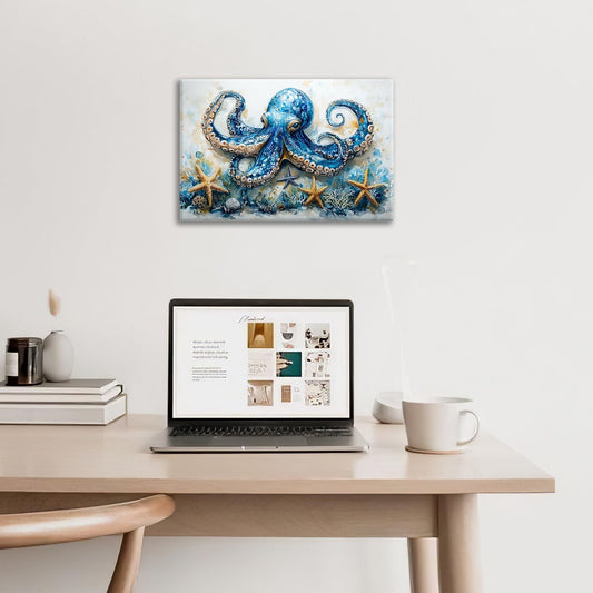 Octopus Bathroom Pictures Wall Art, Sea Animal Ocean Bathroom Wall Decor, Nautical Framed Painting Canvas Artwork for Bedroom Living Room Decorations 24"L x 16"W