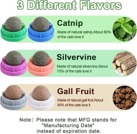 KIMOBER 6 Pack Catnip Ball for Cats,Edible Kitten Chew Toys with Catnip Silvervine Gall Fruit Flavors for Cats Lick Dental Teeth Cleaning Cats Wall Treats