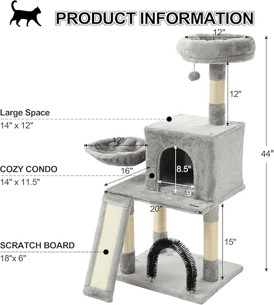 HOOPET 44IN Cat Tree for Indoor Cats - Multi-Level Cat Tower with Hammock, Condo, Scratching Posts, Self-Grooming Brush & Play Ball - Space-Saving Cat Furniture for Small Apartments