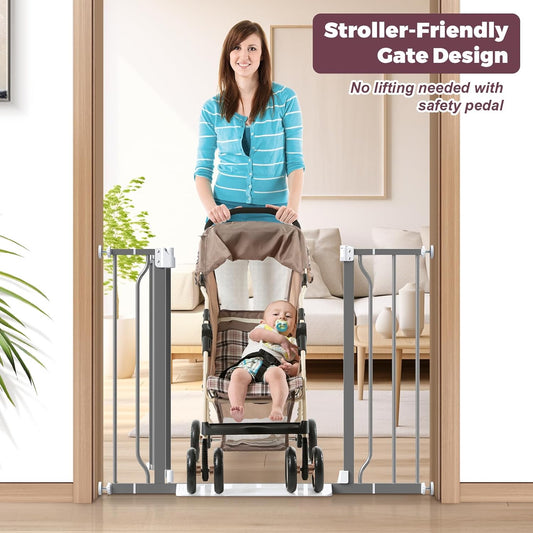29"-40" Baby Gate for Stairs, Auto Close Stroller Friendly Dog Gate Indoor for Doorways, Pressure Mounted Baby Gate, Easy Walk Through Gate for Children & Pets, Grey