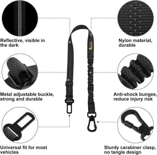 Plutus Pet Dog Seat Belt for Car, Adjustable Dog Car Harness with Carabiner Clip, Reflective Safety Dog Seatbelt Leash with Elastic Bungee, Black