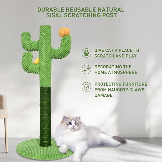 Kitten Cat Scratch Post - 25'' Cactus Scratching Posts with Sisal Cats Claw Scratcher Scratching Posts for Indoor Cats Adults,Vertical Green Cat Tree with Flower for Kitten