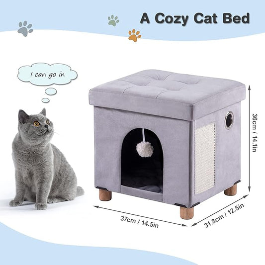 BRIAN & DANY Foldable Cat House for Indoor Cats, Large Cat Cube for Pet Cave with Scratch Board & Ball, 14.7" x 14.1” x 12.7”, Light Gray