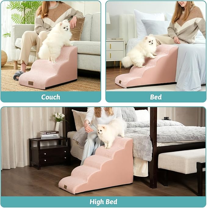 Dog Stairs for Small Dogs 19.7" H, Curved Dog Step for Puppy, Older or Cat, Medium Pet Ramp for Sofa, Couch or Bed, Ladder with High Density Foam, 15.7x28.3x19.7 inch, 4 Step, Pink