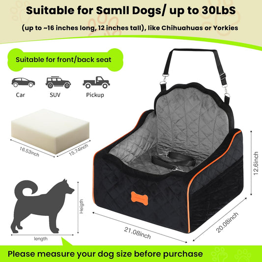 Dog Car Seat for Small Dogs Under 30lbs, Detachable Washable Pet Booster Seat with Safety Belt & Storage Pockets, Travel Car Bed, Black/Grey