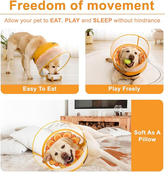 Inflatable Dog Cone Collar with Enhanced Anti-Licking, Soft Neck Donut for Dogs Cats, Recovery Pet Cone Collar After Surgery for Large Medium Small Dogs (Yellow Flower, Medium+)