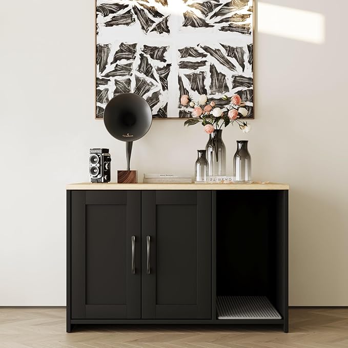 Cat Litter Box Enclosure, Hidden Litter Box Furniture with 2 Doors,Wooden Cat Washroom Indoor, Freestanding Cabinet for Living Room,Hallway,Black