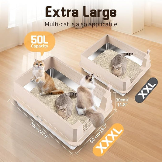 Stainless Steel Litter Box, XXXL 27.6" H x 19.7" W x 11.8" H Extra Large Metal High Sided Cat Litter Box with Scoop, Leak-Proof, Easy Clean for Big Cats/Multiple Cats (Khaki)