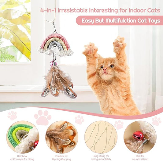 YUDANSI Cat Feather Toys 2pack,Retractable Cat Teaser Toys, Self-Adhesive Hanging Interactive Cat Toy for Indoor Cats Kitten Play Chase Exercise Doorway, Gift for Cats Hunting Chasing to Keep Busy
