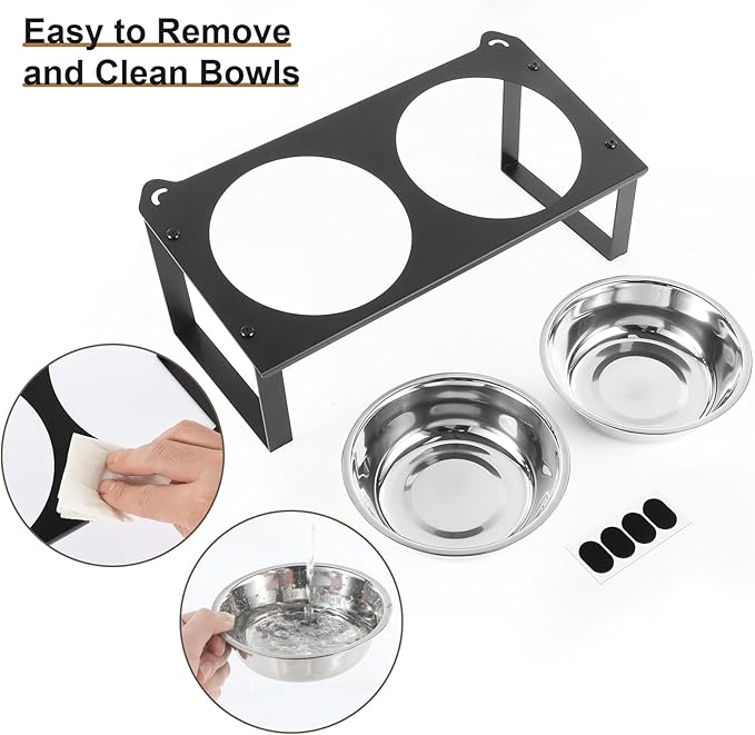 2 Set Elevated Cat Food Water Bowls, 4 Stainless Steel Bowls for Indoor Pet with Cute Metal Stand, 10° Tilted Anti-Vomiting Wide Shallow Raised Cat Dishes Whisker Friendly for Multiple Kitten,Puppy