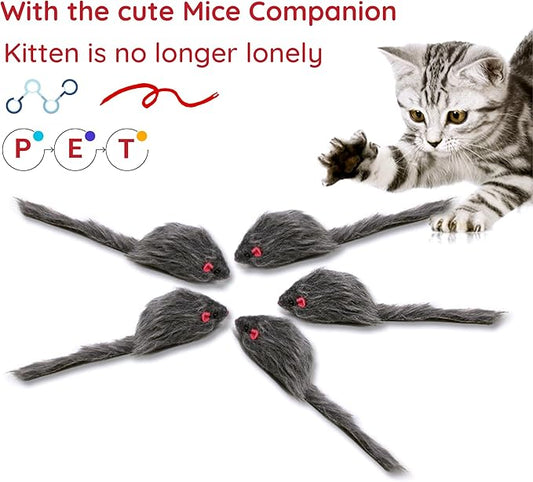 Cat Toys, 5 Pack Faux Fur Mouse Toys, Interactive Cat Toy 6.3” Realistic Size Grey Furry Rattle Mouse Without Catnip Kitten Cat Toy for Bored Indoor Adult Cat, Kitten Interactive Play
