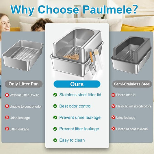 XL All Stainless Steel Sifting Litter Box with Lid,Sifting Cat Litter Box for Wood Pine Pellets,High Sides Sifter Litter Pan System,Odor Control,Easy to Clean,with Liners and Scoop