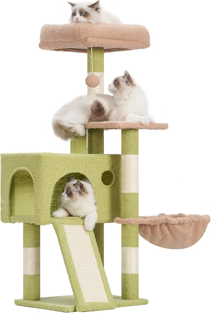 Cat Tree, 41.3" Cat Tower for Indoor Kittens with Scratching Board and Posts, Multi-Level Cozy Cat Condo with 2 Perches, Hammock, Balls, Green and Yellow GCT005SGY