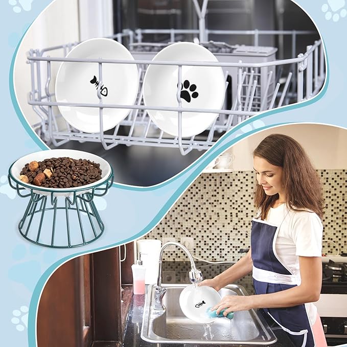 Roshtia 4 Sets Elevated Cat Bowls Ceramic Raised Cat Food Bowls with Metal Stand Dishwasher Safe Dishes Non Slip Elevated Food Plate(Black, Green,Fishbone, Paw)
