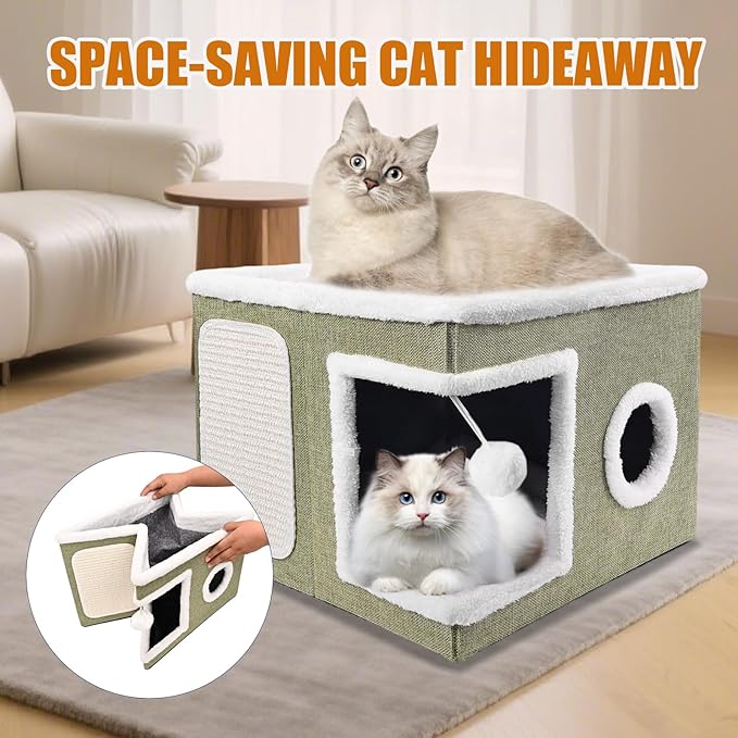 Cat Beds for Indoor Cats - Foldable Cat Hideaway with Hanging Fluffy Ball and Scratch Pad, Large Cat Bed Cave with Reversible Cushion for Multi Small Pet Kitten, Green
