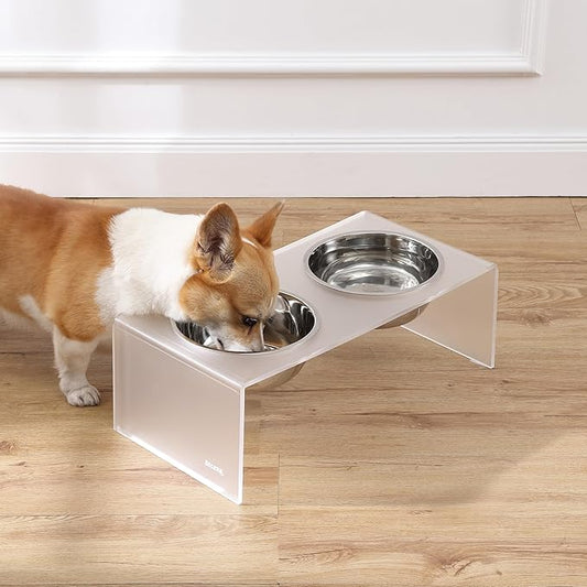 THE LICKER STORE DBL2001K Keaton 7.5" Medium/Large Modern Acrylic Rectangular Elevated Pet Feeder with 54oz 2-Stainless Steel Bowls, Moon White/Chrome