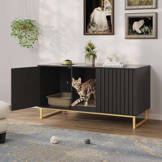 Cat Litter Box Enclosure for 2 Cats, 47.6’’ Litter Box Furniture Hidden with Scratch Pad, Double Room Large Cat Cabinet, Indoor Pet House TV Stand Side Table,Cats Washroom, Black