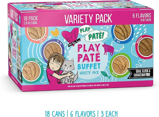 Weruva B.F.F. Play - Best Feline Friend Paté Lovers, Aw Yeah!, Play Paté Buffet Variety Pack, 2.8oz Can (Pack of 18)