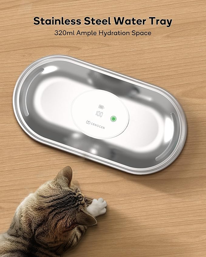 Cat Water Fountain Cordless, 108oz/3.2L Wireless Cat Fountains for Drinking, Pet Water Fountains for Cats Indoor, Automatic Cat Water Dispenser Battery Operated Rechargeable, Stainless Steel White