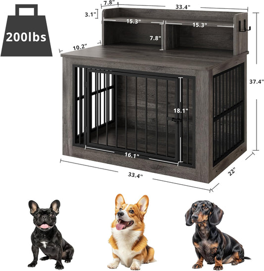 IRONCK Dog Crate Furniture, 33.4 inches Wooden Small Dog Crate with Storage and 4 Hooks, Heavy Duty Pet Crate for Small Dog, Decorative Pet Cage for Indoor (22" L x 33.4" W x 37.4" H)