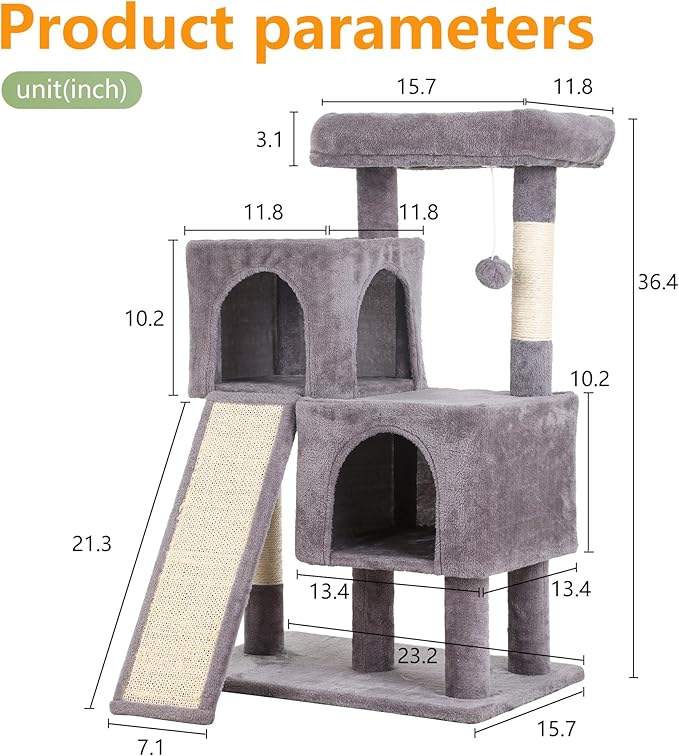 FDW Cat Tree for Indoor Cats 36 Inches Cat Tower Multi-Level Indoor Cat Play Condo House with Scratching Posts, Spacious Perch, Sisal Posts and Dangling Toys (Ashy)