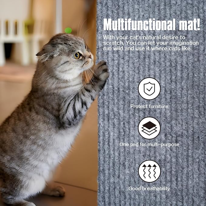 Cat Scratching Mat,Cat Scratch Furniture Protector, Trimmable Self-Adhesive Couch Protector,Carpet Replacement for Tree Shelves, Sofa and Scratching Post(40"x15.8",Light Gray)