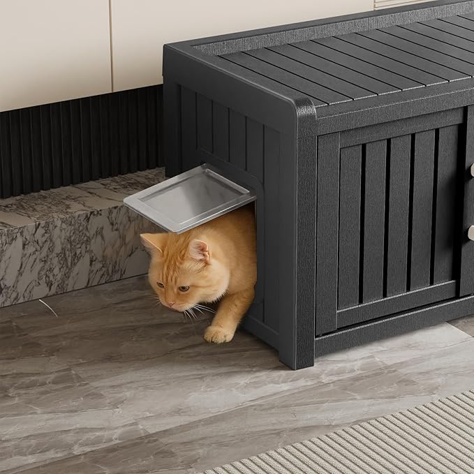 Cat Litter Box Enclosure Resin Hidden Cat Litter Box Furniture Multi Functional Three Door Spacious Odorless Waterproof UV Resistant Durable Indoor Outdoor Use Black