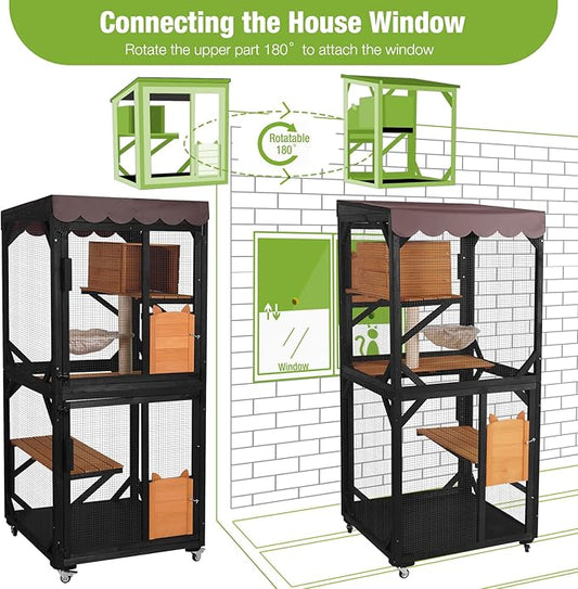 GUTINNEEN Catio Outdoor Cat Enclosure on Wheels - Outside Kitty House with Upgraded Resting Box, PVC Layer, and Waterproof Roof - 71.9" Black