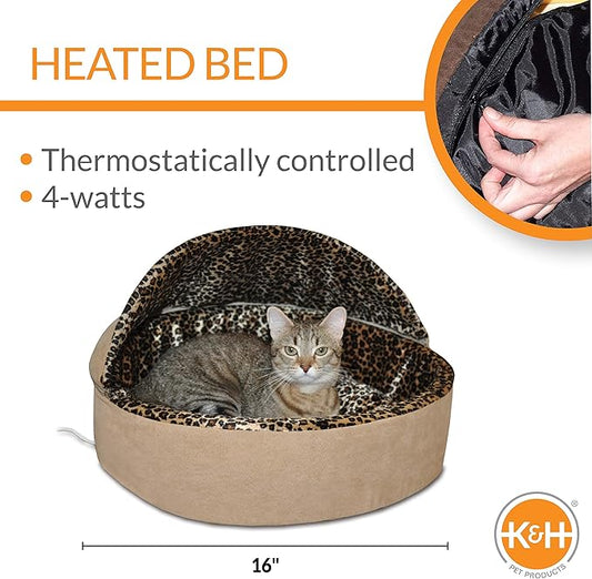 K&H Pet Products Thermo-Kitty Bed Deluxe Heated Cat Bed for Smaller Kitties - Indoor Heated Pet Bed for Dogs & Cats, Covered Cave Pet Tent, Machine Washable, Safety Listed - Small 16in Tan/Leopard