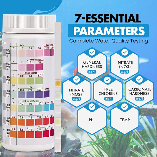 7 in 1 - Aquarium Test Strips | 100 Fast & Accurate Strips | Fish Tank Aquariums Water Test Kit & ebook | Aquarium Thermometer | Fish Tank Water Testing Kit for Fresh & Saltwater | Versatile Usage