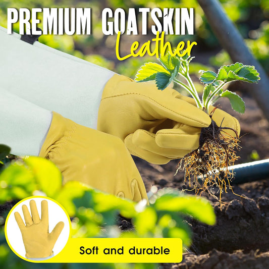 HANDLANDY Rose Gloves for Men & Women, Long Leather Gardening Gloves Thorn Proof, Best Garden Gifts & Tools for Gardener (Yellow-beige, X-Large (Pack of 1))