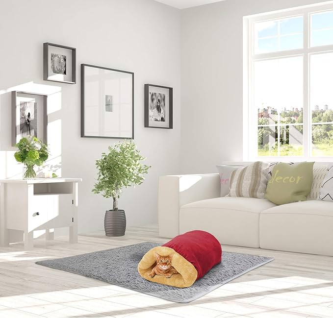 4 in 1 Self Warming Burrow Cat Bed, Pet Hideway Sleeping Cuddle Cave (Burgundy)