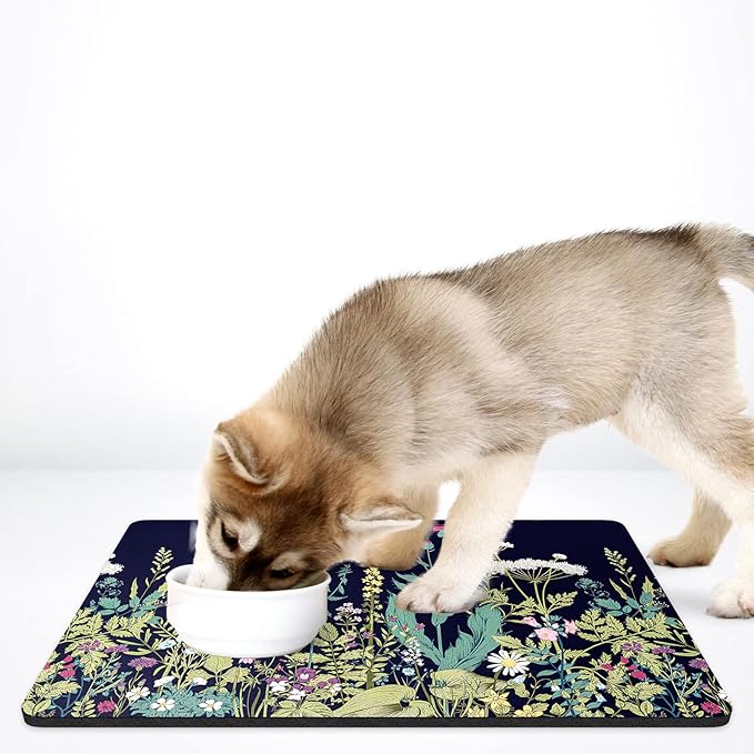 Rnivvi Dog Food Mat, 16" x 24" Flower Absorbent Dog Cat Bowl Mat for Food and Water, Cute Anti-Slip Rubber Pet Feeding Rug Protect Floors, Puppy Placemat for Feeding & Watering Supplies,Black Floral