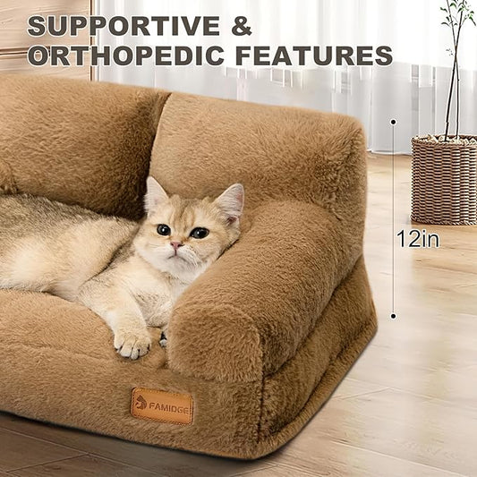 Cat Couch Bed - Cat Bed for Indoor Cats, Calming Pet Sofa Puppy Sleeping Bed with Removable Washable Cover, Cute Dog Couch and Kitty Lounge Chair for 20lbs Cats & Small Dogs(Brown)