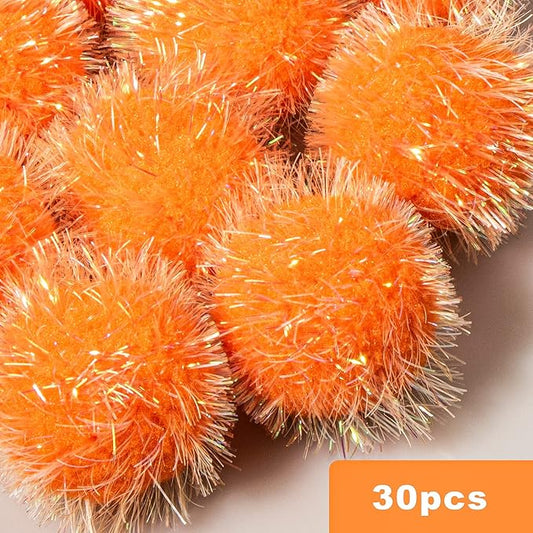 VAPKER 30 Pcs Cat Ball Toys Sparkle Balls Extra Large 2 Inch Cat's Favorite Chase Glitter Ball Glitter Tinsel Pom Poms Balls Orange Color