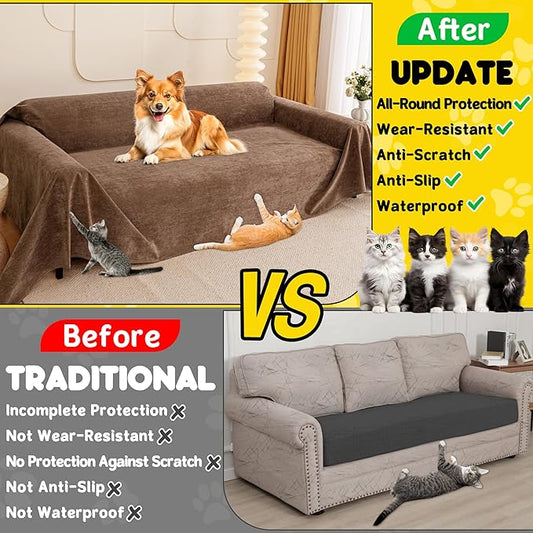 Cat Scratch Furniture Protector - Anti-Slip, Waterproof Sofa Cover to Keep Cats Off, Pet-Friendly Couch Protectors for 3 Cushion Couch, Brown Anti-Scratch Couch Cover for Pets and Kids 118"X71"