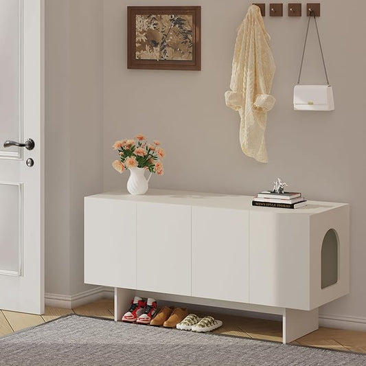 Double Litter Box Enclosure, Litter Box Enclosure for 2 Litter Boxes, Modern Litter Box Furniture for 2 Cats, Scandi Style (White)